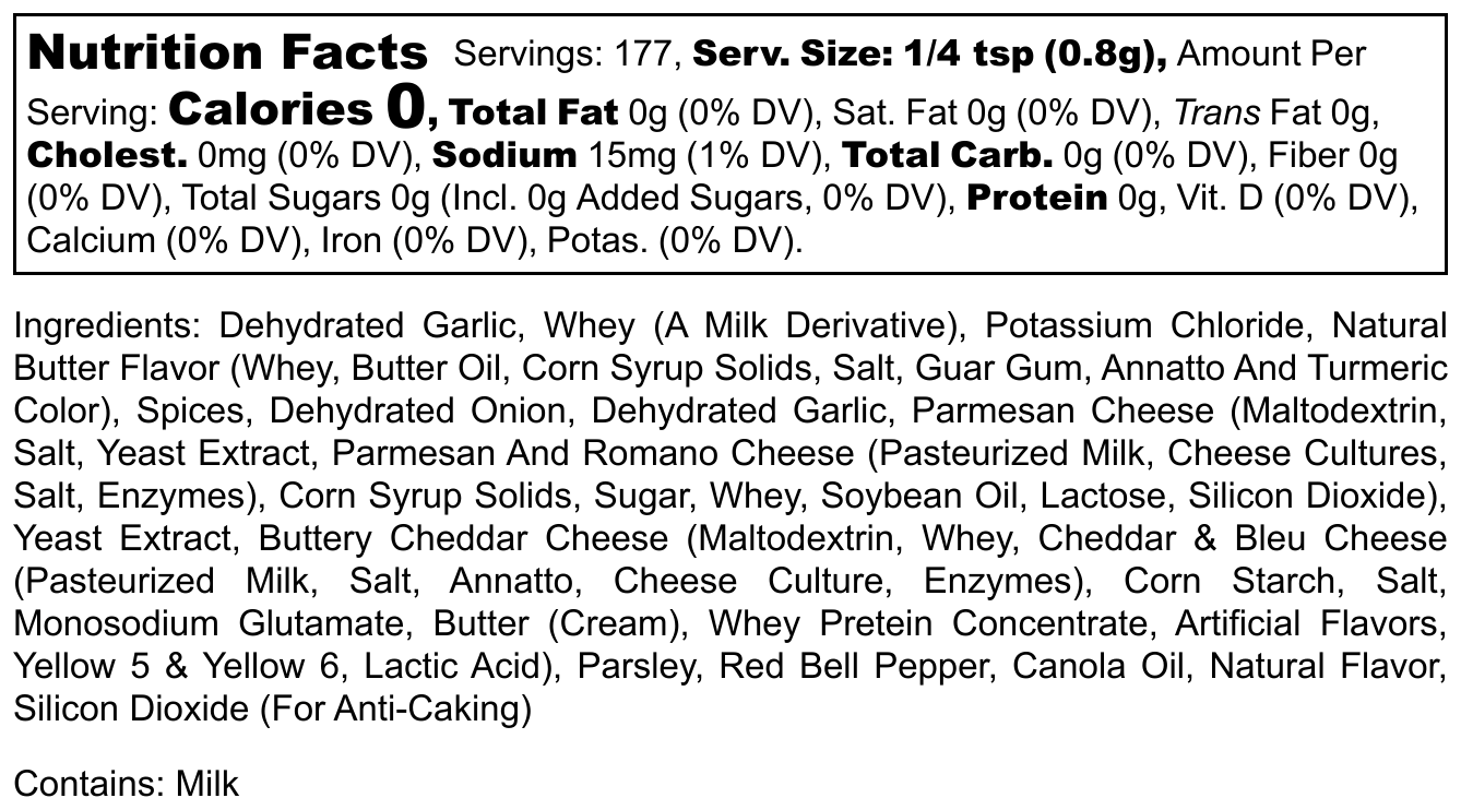 Nutrition facts for Hi-West Buttery Garlic Seasoning showing ingredients and calories per serving.