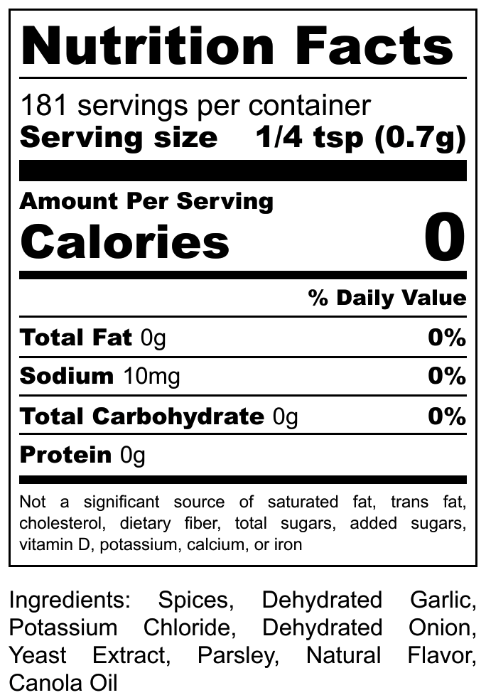 Nutrition facts label for Hi-West Chicago Prime Seasoning, showing zero calories and no added salt ingredients.