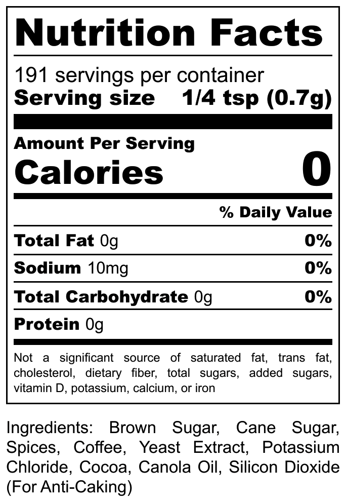 Nutrition facts label for Hi-West Coffee & Cane Seasoning, highlighting zero calories and no added salt.