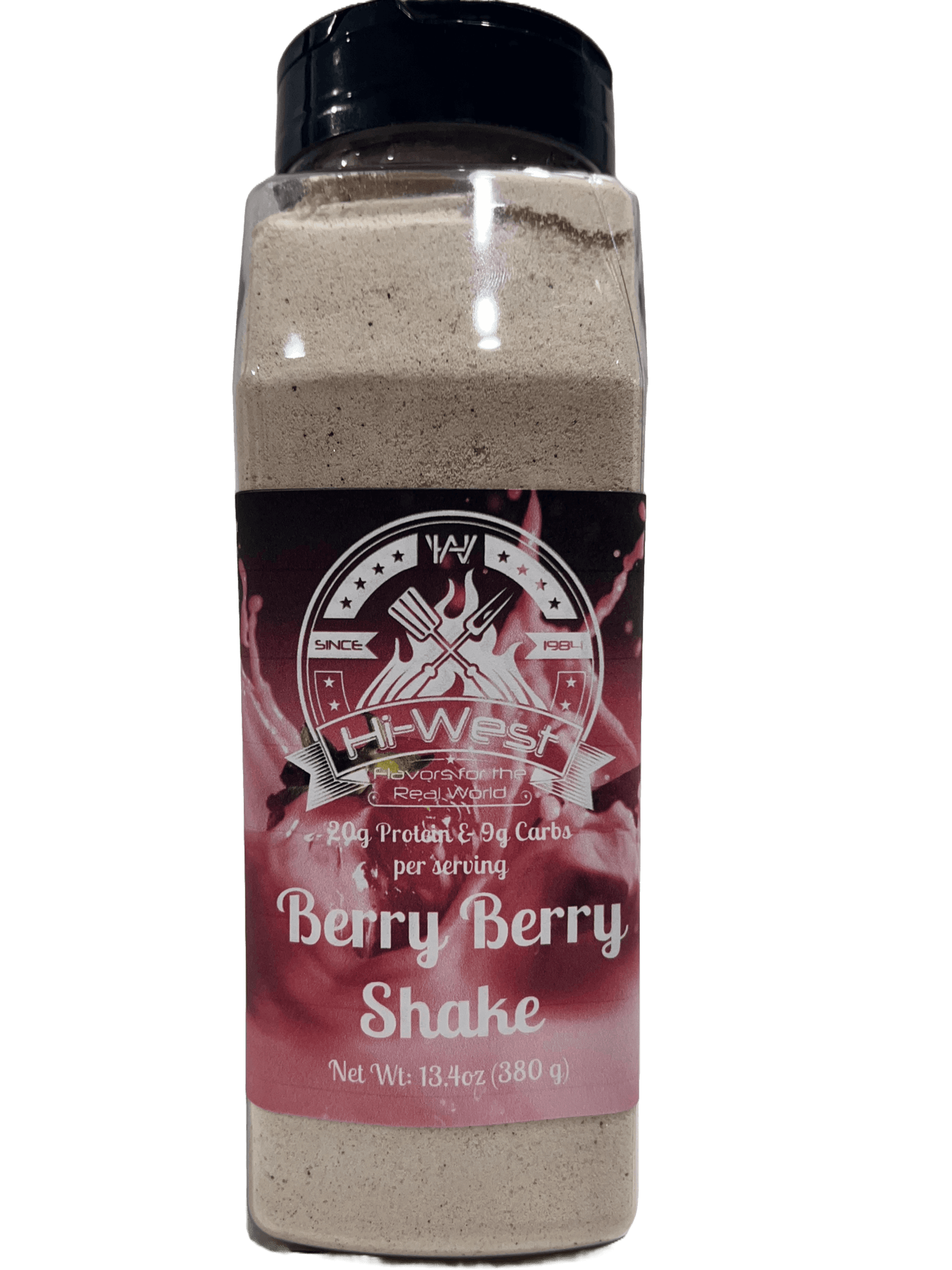 Hi-West Berry Berry Protein Shake bottle 13.4oz with 20g protein, 9g carbs per serving and no added salt.