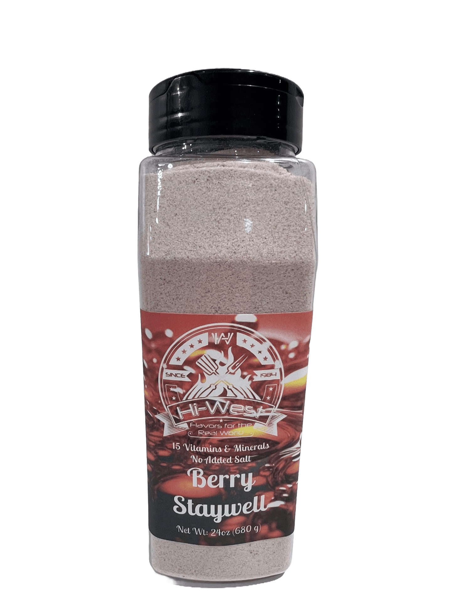 Hi-West Berry Staywell Drink 24oz bottle featuring 15 vitamins & minerals for overall health and wellness.