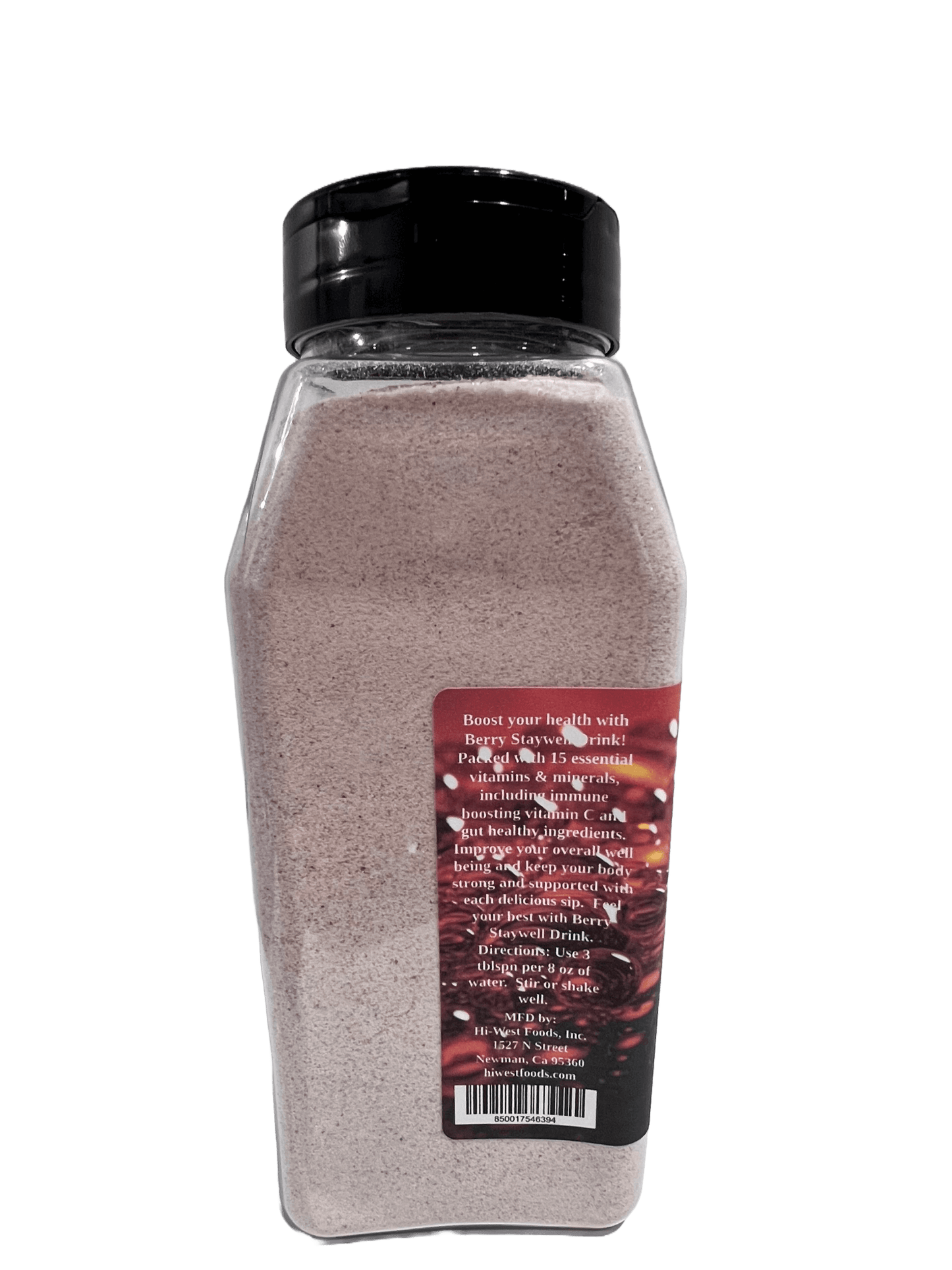 Hi-West Berry Staywell Drink 24oz bottle showcasing health benefits and nutrient-rich ingredients.