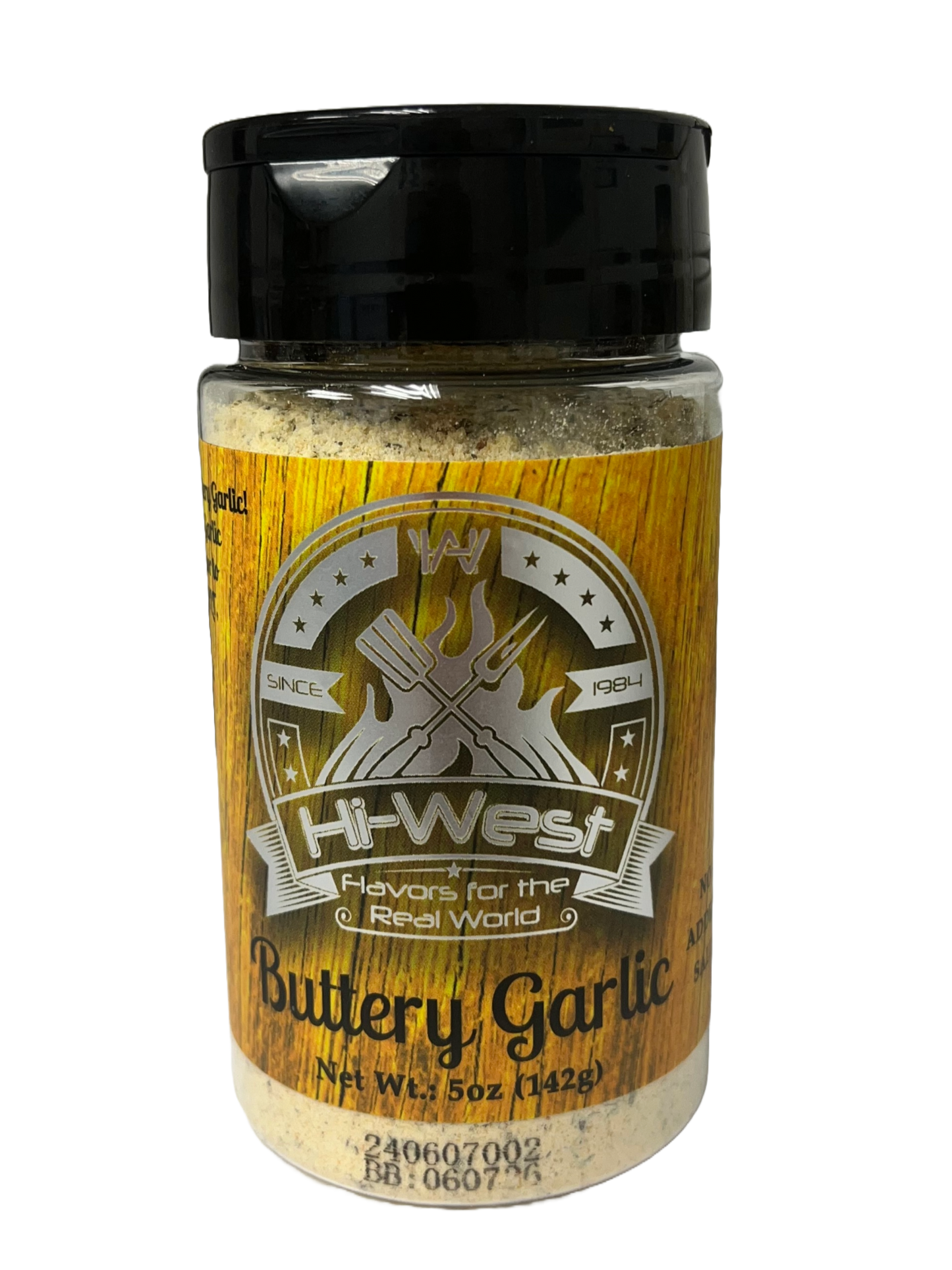 Hi-West Buttery Garlic Seasoning 5oz, no added salt, perfect for enhancing your dishes with rich buttery garlic flavor.