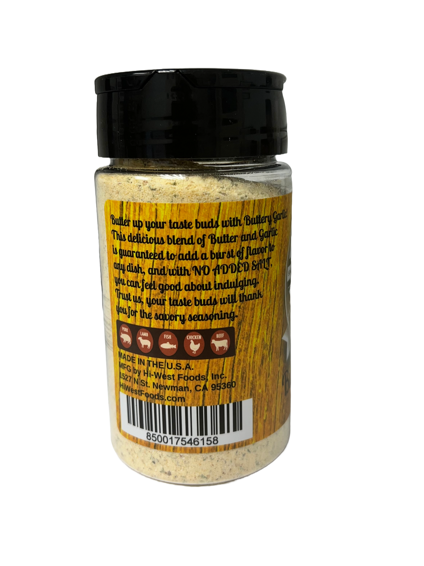 Hi-West Buttery Garlic Seasoning 5oz bottle, no added salt, rich buttery garlic flavor for enhancing dishes.