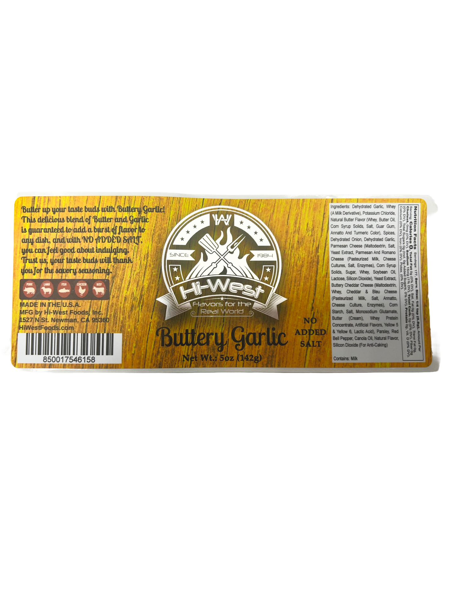 Hi-West Buttery Garlic Seasoning 5oz packaging with no added salt label and vibrant design.