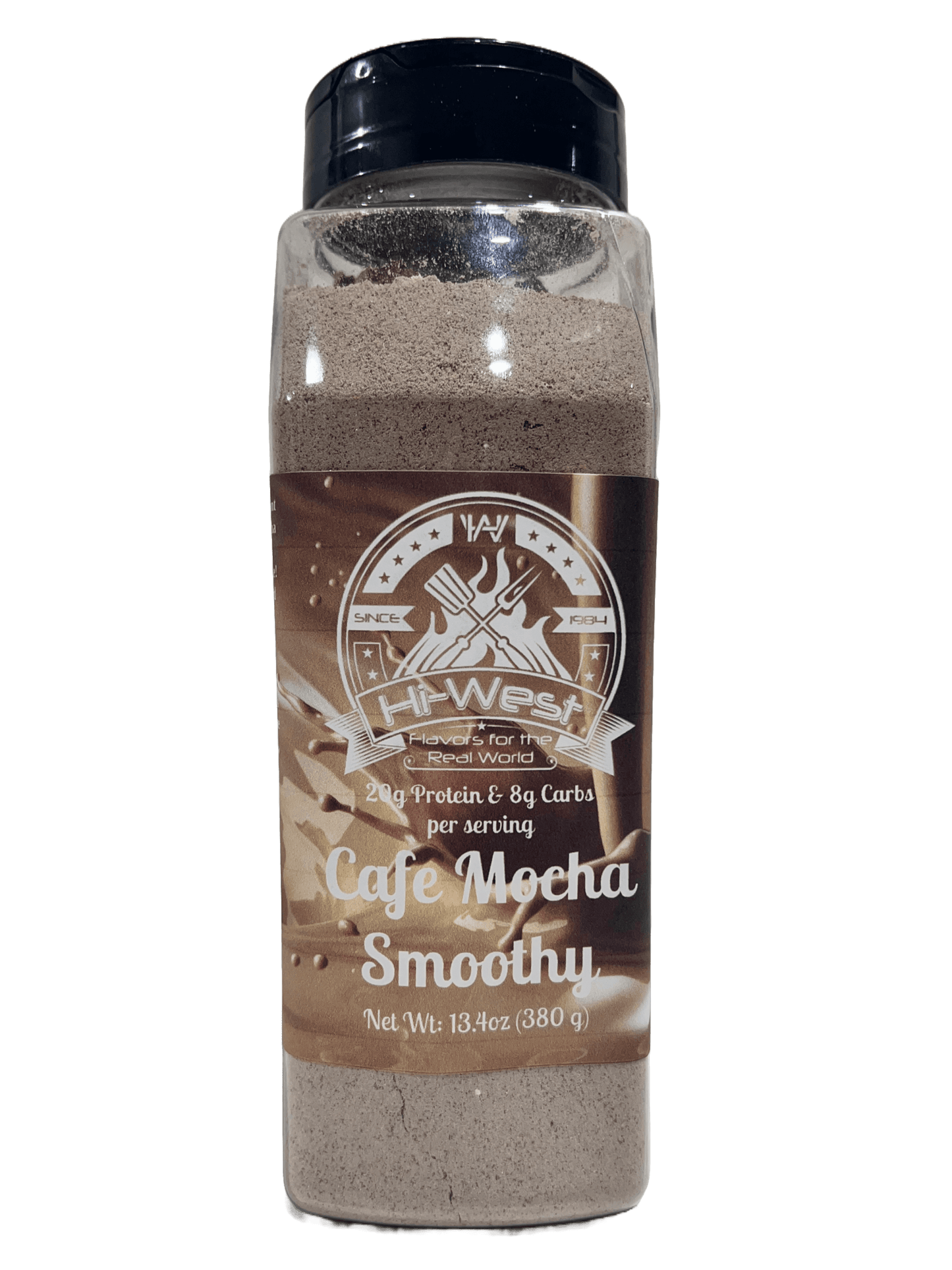 Hi-West Cafe Mocha Protein Smoothy 13.4oz bottle featuring 20g protein and 8g carbs per serving.