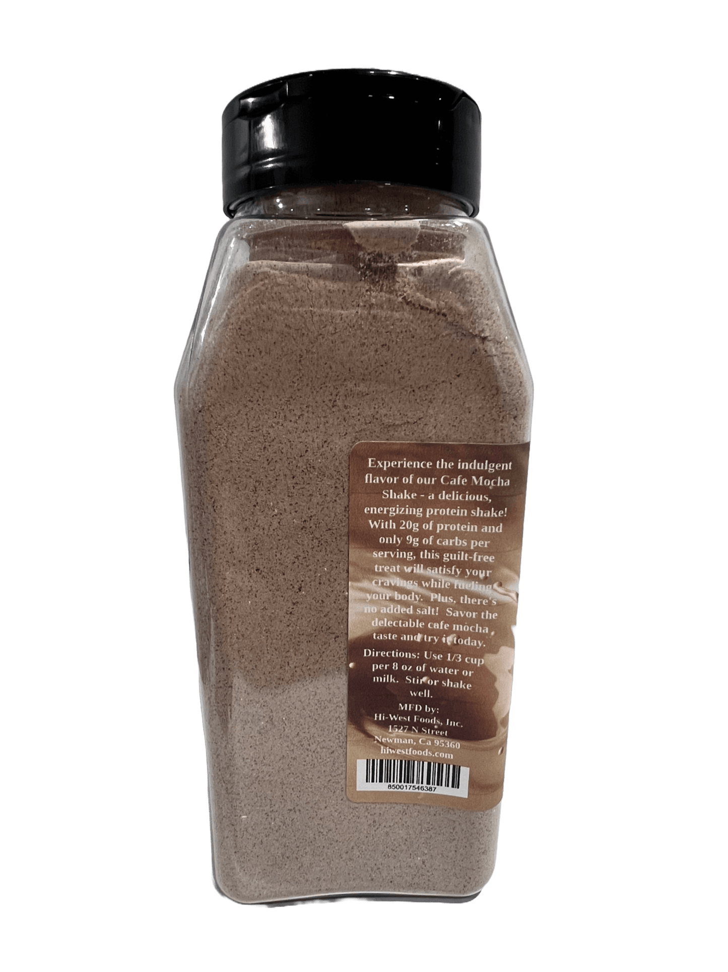 Hi-West Cafe Mocha Protein Smoothie 13.4oz powder container, rich mocha flavor, 20g protein, 8g carbs.