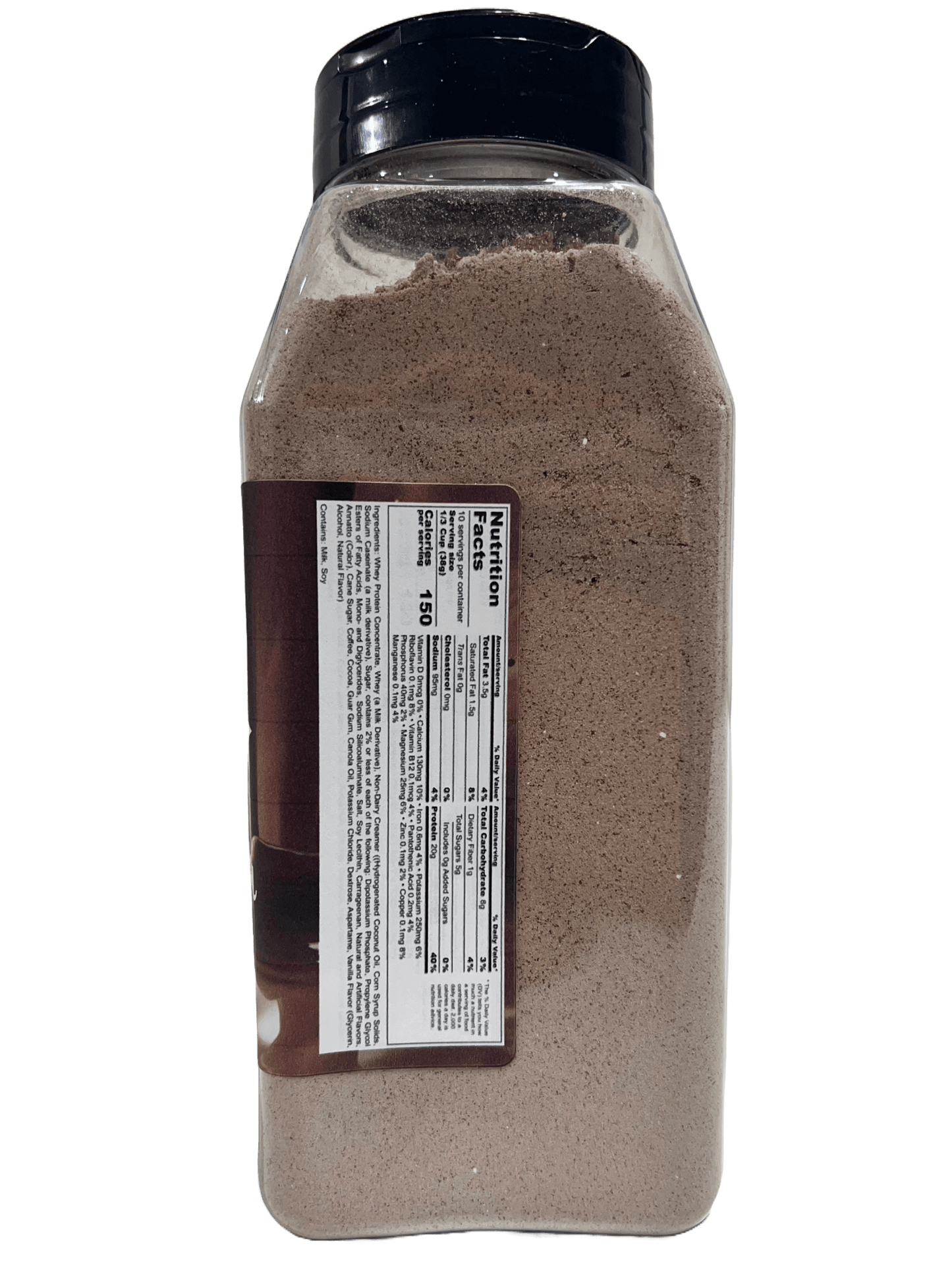 Hi-West Cafe Mocha protein shake powder bottle, featuring nutritional label with 20g protein and cafe mocha flavor.