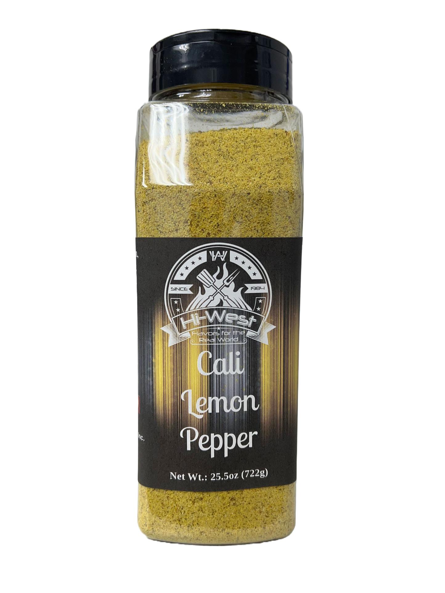 Hi-West Cali Lemon Pepper 25.5oz seasoning bottle showcasing zesty lemon and black pepper flavors.