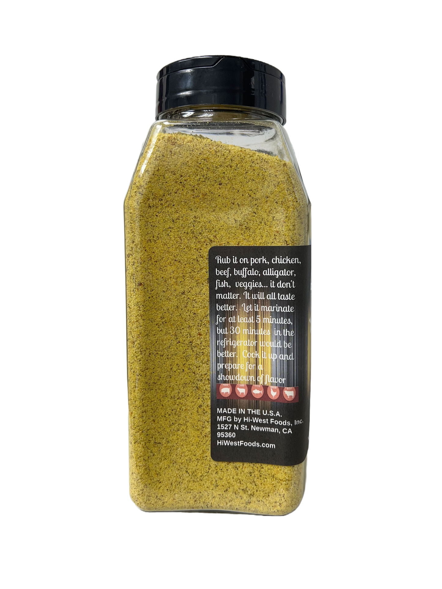 Hi-West Cali Lemon Pepper seasoning in a 25.5oz jar, ideal for enhancing meats and vegetables with zesty flavor.