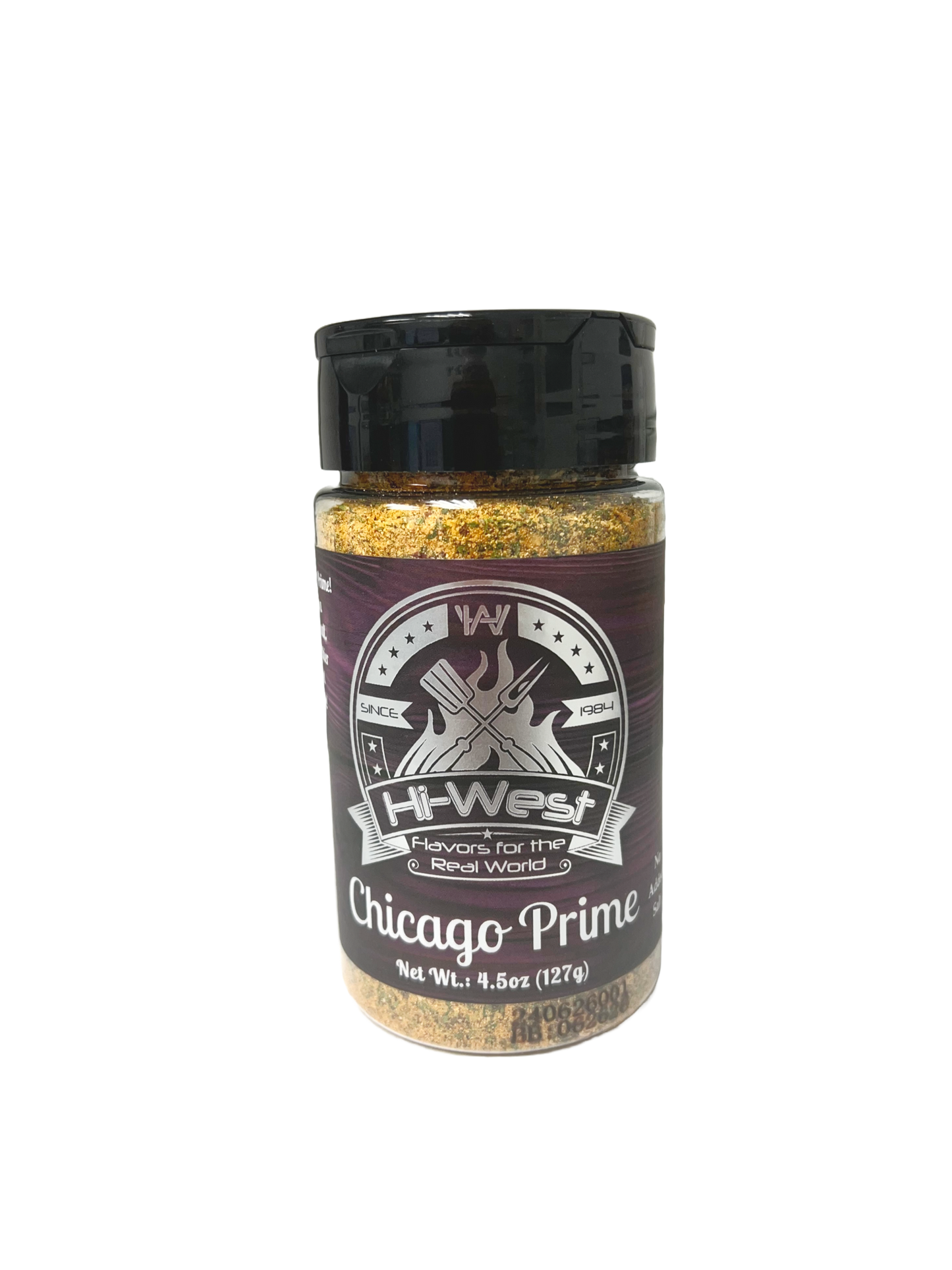 Hi-West Chicago Prime Seasoning jar with unique spice blend, no added salt for healthy, flavorful cooking.
