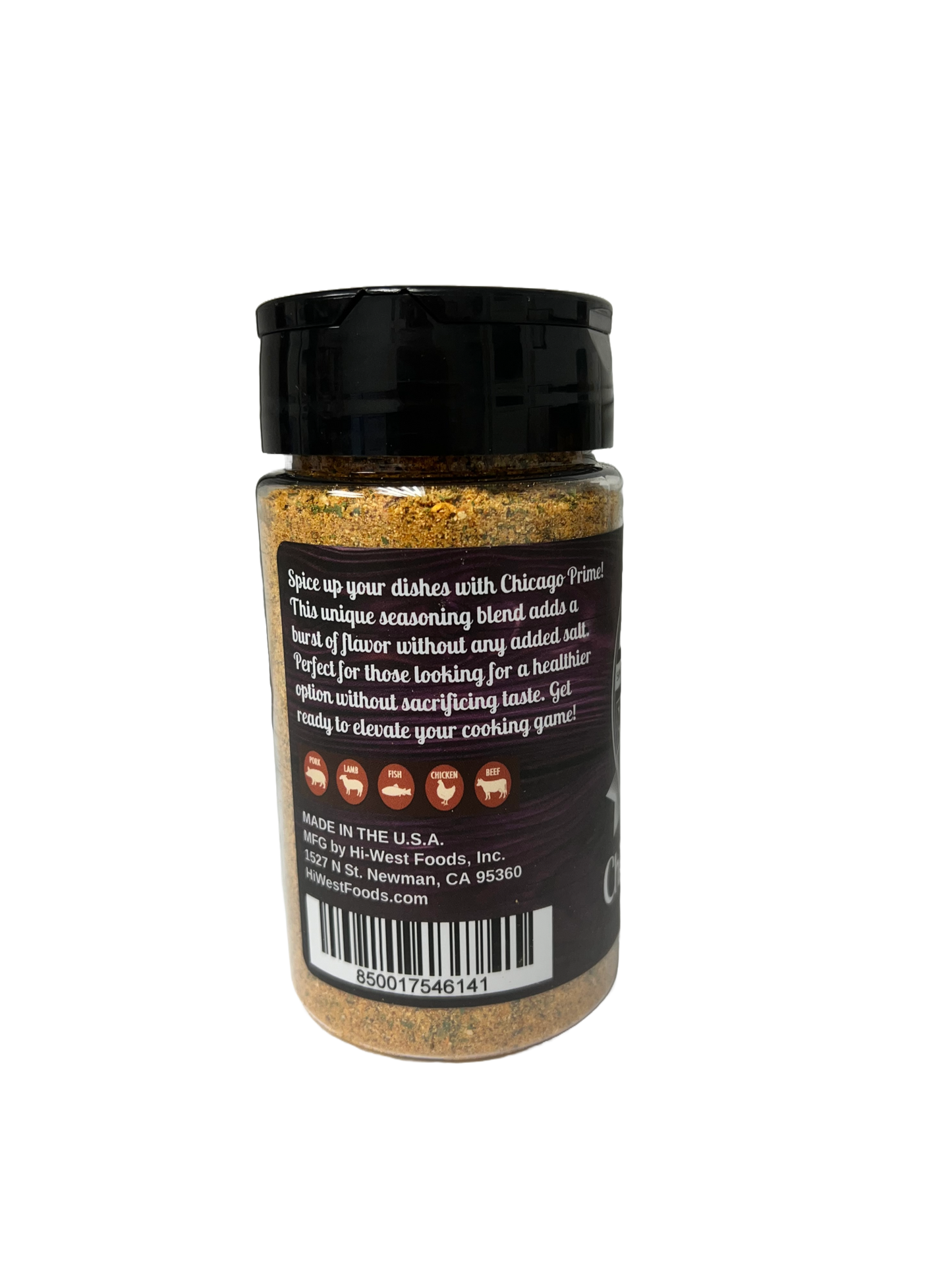 Hi-West Chicago Prime Seasoning bottle showcasing unique spice blend, no added salt for healthier cooking.
