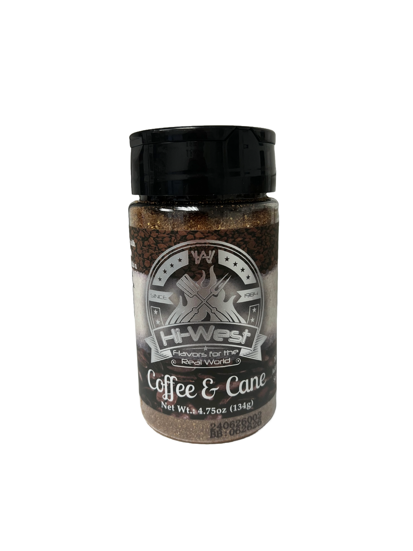 Hi-West Coffee & Cane Seasoning bottle, no added salt, unique flavor for meats and desserts.