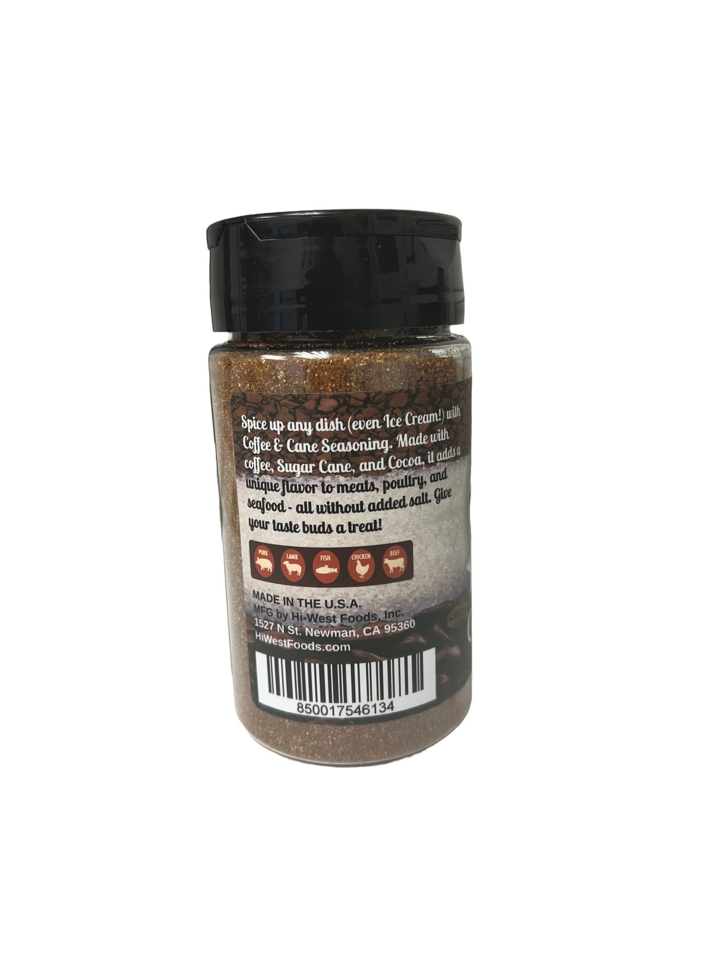 Hi-West Coffee & Cane Seasoning bottle, adding unique flavor to any dish without added salt.