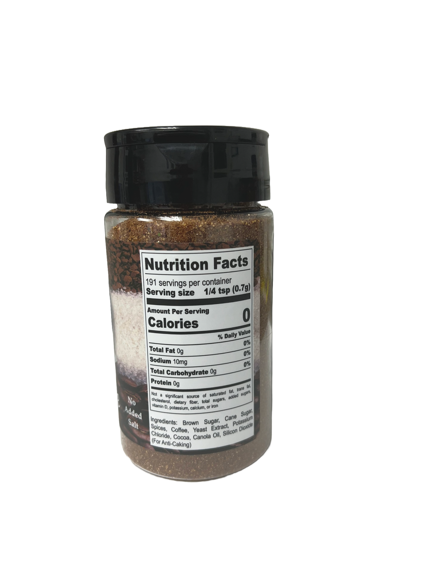 Hi-West Coffee & Cane Seasoning bottle showing nutrition facts and zero added salt for flavorful dishes.