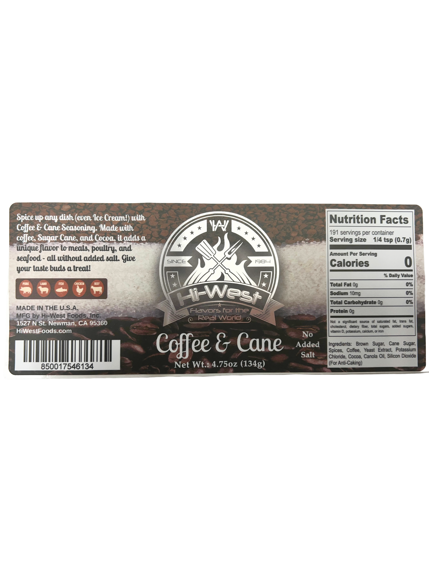 Hi-West Coffee & Cane Seasoning packaging, featuring no added salt ingredients for unique flavor enhancement.