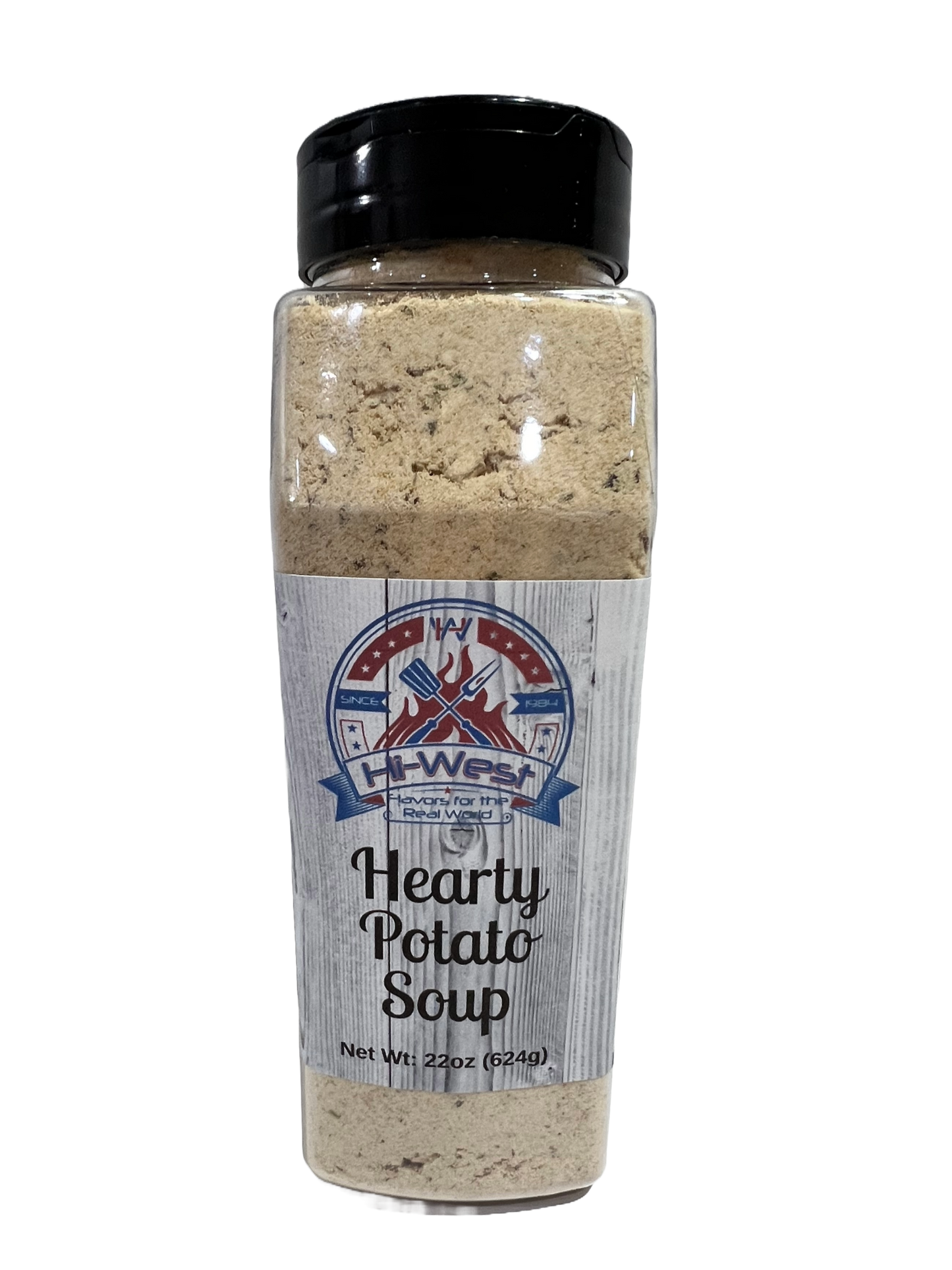 Hi-West Hearty Potato Soup 22oz bottle, creamy potato blend with celery and carrots, perfect for comfort food.