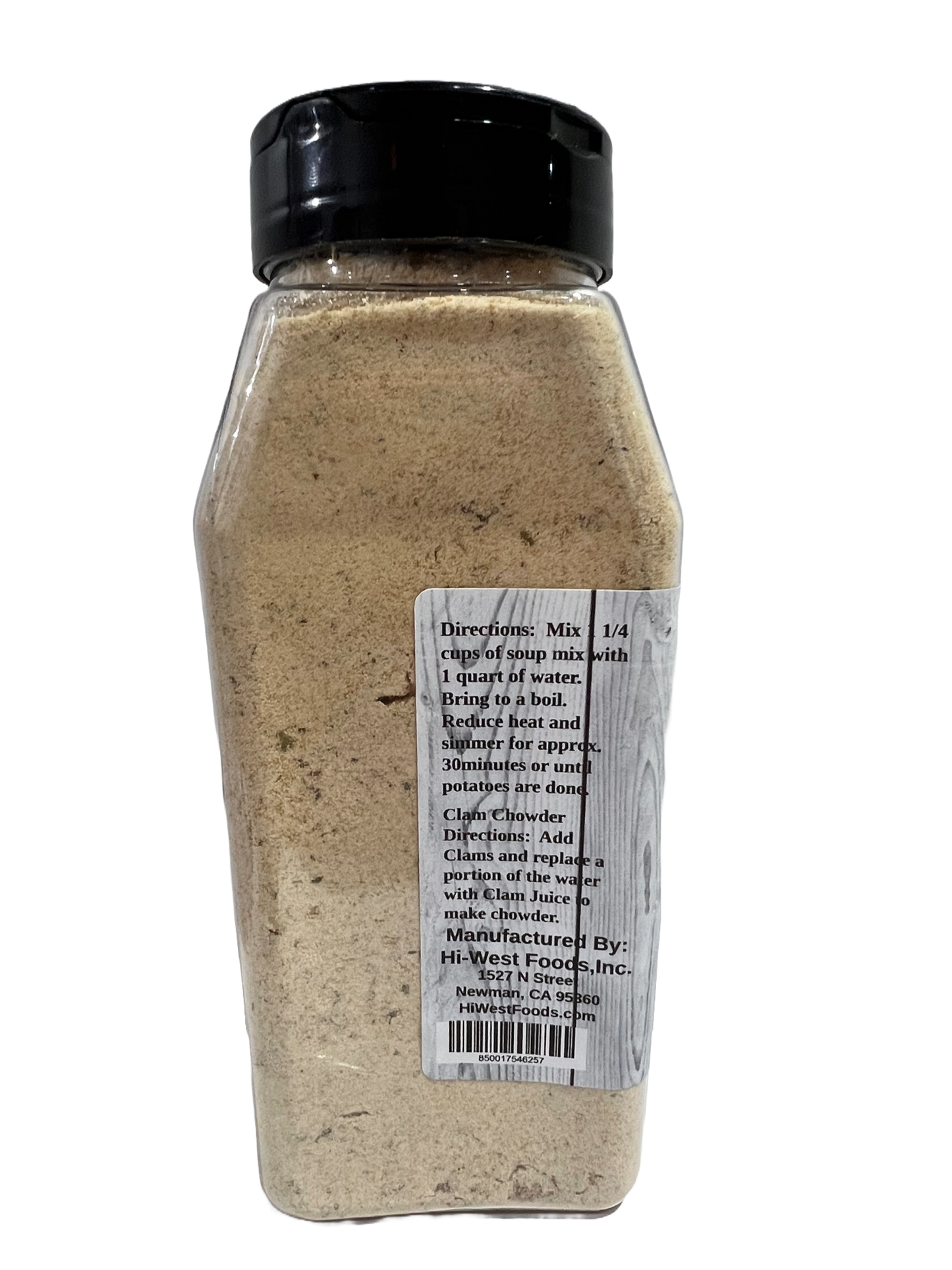 Hi-West Hearty Potato Soup mix in a clear container, perfect for creamy potato soup preparation.