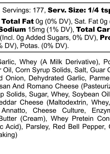 Nutrition facts for Hi-West Buttery Garlic Seasoning showing ingredients and calories per serving.
