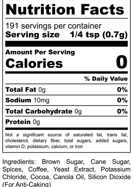 Nutrition facts label for Hi-West Coffee & Cane Seasoning, highlighting zero calories and no added salt.