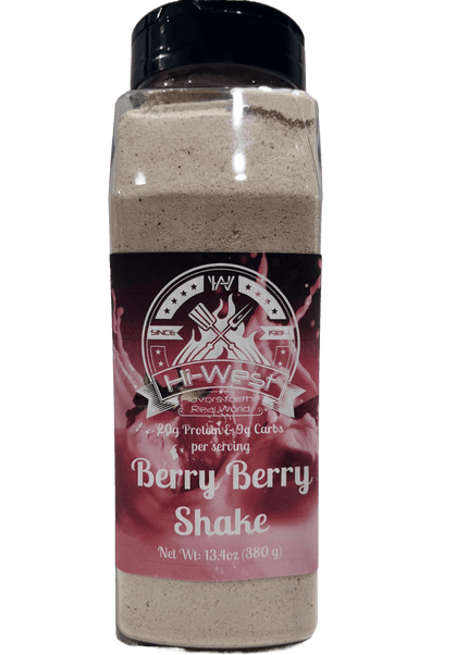 Hi-West Berry Berry Protein Shake bottle 13.4oz with 20g protein, 9g carbs per serving and no added salt.
