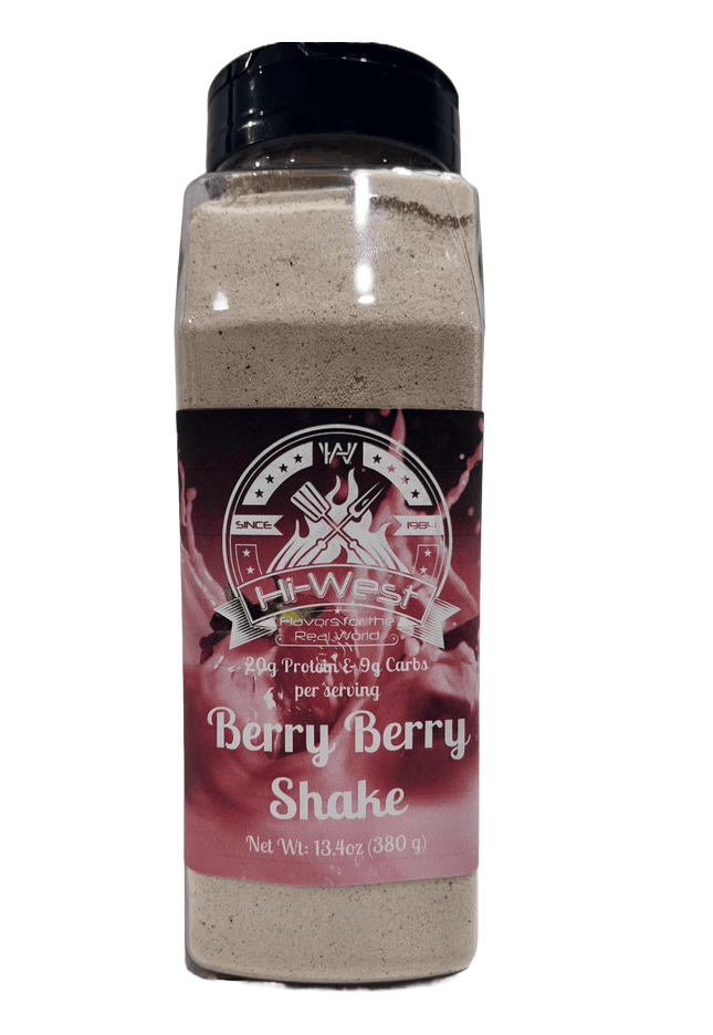Hi-West Berry Berry Protein Shake bottle 13.4oz with 20g protein, 9g carbs per serving and no added salt.