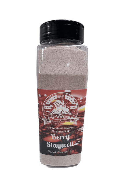 Hi-West Berry Staywell Drink 24oz bottle featuring 15 vitamins & minerals for overall health and wellness.