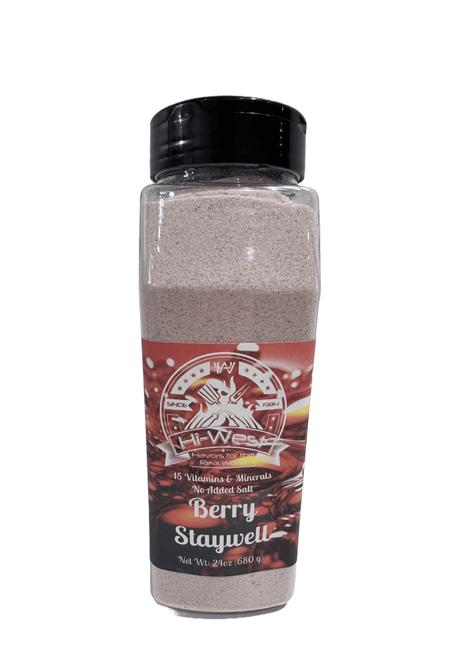 Hi-West Berry Staywell Drink 24oz bottle featuring 15 vitamins & minerals for overall health and wellness.