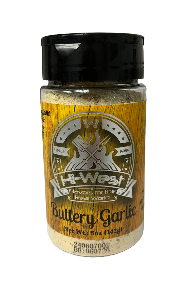 Hi-West Buttery Garlic Seasoning 5oz, no added salt, perfect for enhancing your dishes with rich buttery garlic flavor.