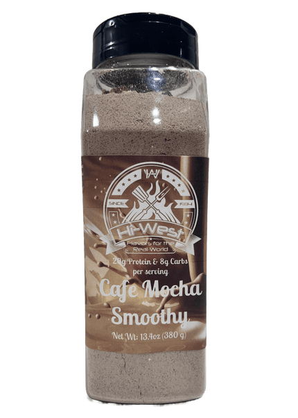 Hi-West Cafe Mocha Protein Smoothy 13.4oz bottle featuring 20g protein and 8g carbs per serving.