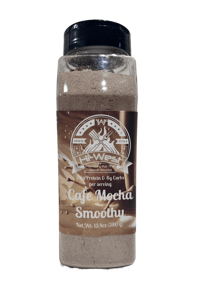 Hi-West Cafe Mocha Protein Smoothy 13.4oz bottle featuring 20g protein and 8g carbs per serving.