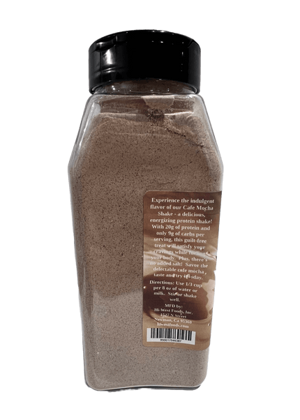 Hi-West Cafe Mocha Protein Smoothie 13.4oz powder container, rich mocha flavor, 20g protein, 8g carbs.