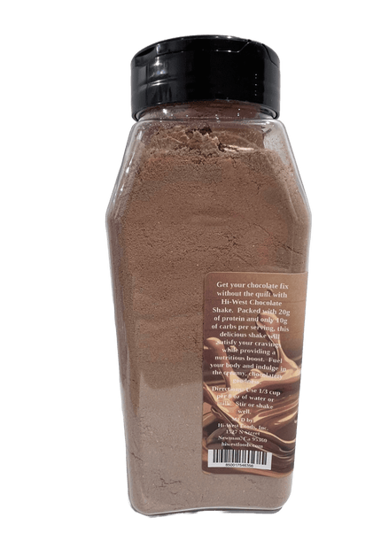 Hi-West Chocolate Protein Smoothy powder in a container, offering 20g protein and 9g carbs per serving.