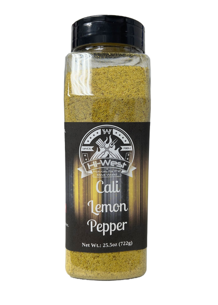 Hi-West Cali Lemon Pepper 25.5oz seasoning bottle showcasing zesty lemon and black pepper flavors.