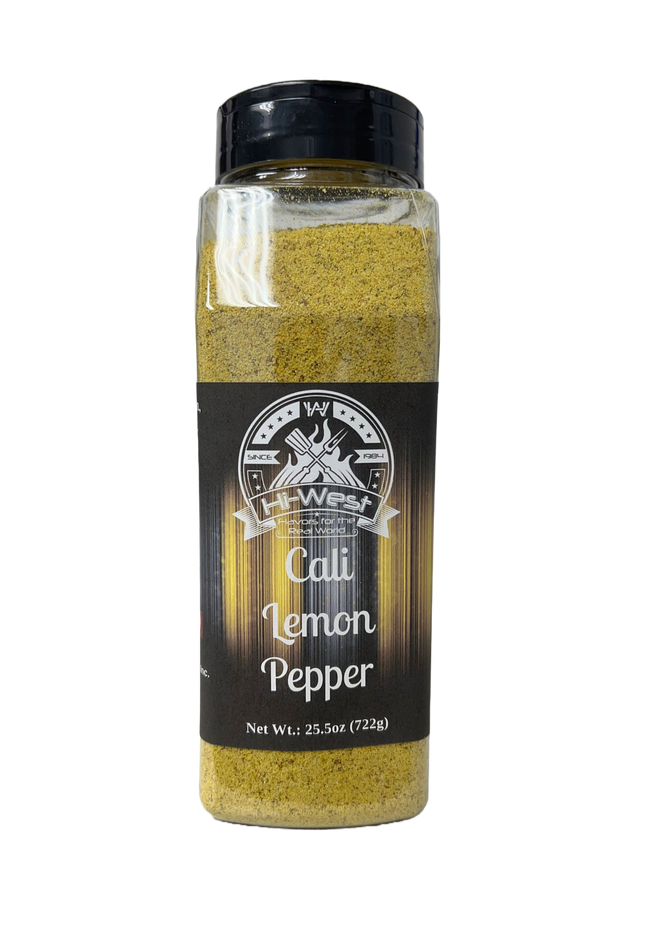 Hi-West Cali Lemon Pepper 25.5oz seasoning bottle showcasing zesty lemon and black pepper flavors.