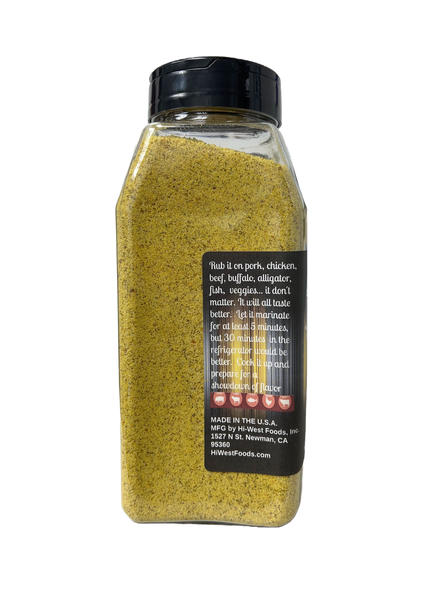 Hi-West Cali Lemon Pepper seasoning in a 25.5oz jar, ideal for enhancing meats and vegetables with zesty flavor.