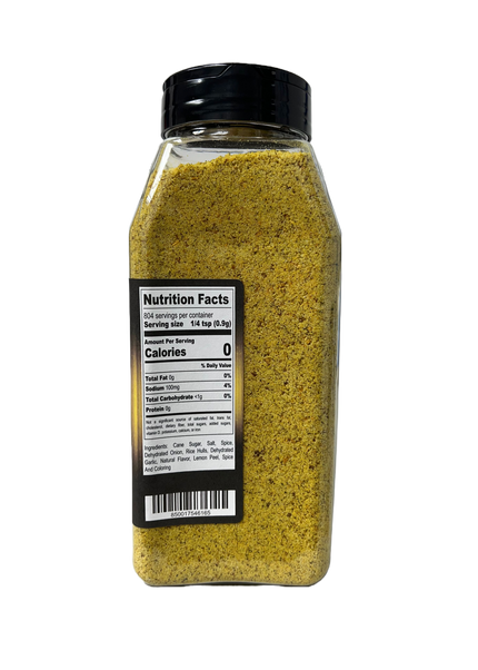 Hi-West Cali Lemon Pepper seasoning in a 25.5oz jar with nutritional facts on the label, showcasing its zesty flavor profile.