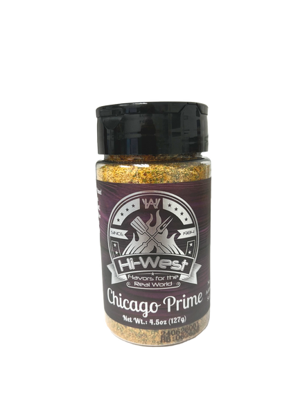 Hi-West Chicago Prime Seasoning jar with unique spice blend, no added salt for healthy, flavorful cooking.