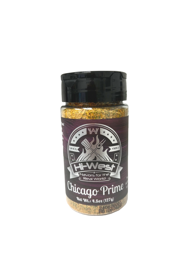 Hi-West Chicago Prime Seasoning jar with unique spice blend, no added salt for healthy, flavorful cooking.