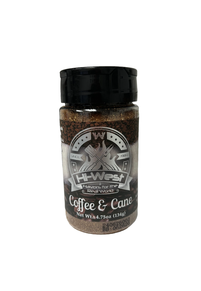 Hi-West Coffee & Cane Seasoning bottle, no added salt, unique flavor for meats and desserts.