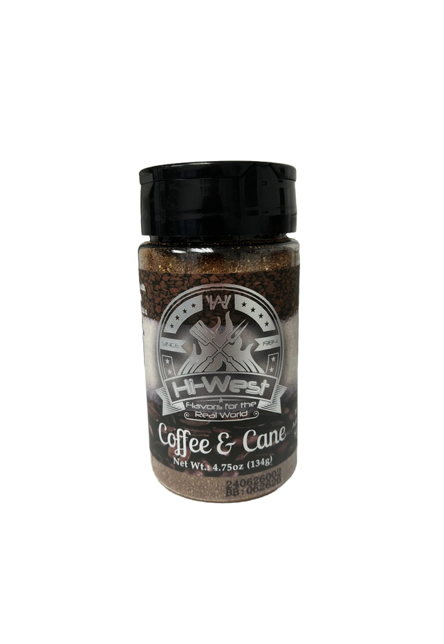 Hi-West Coffee & Cane Seasoning bottle, no added salt, unique flavor for meats and desserts.