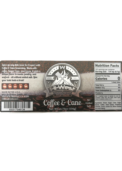 Hi-West Coffee & Cane Seasoning packaging, featuring no added salt ingredients for unique flavor enhancement.