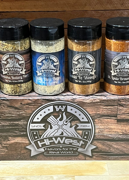 Hi-West Gift Box featuring six unique BBQ flavors for grilling and slow-cooking.