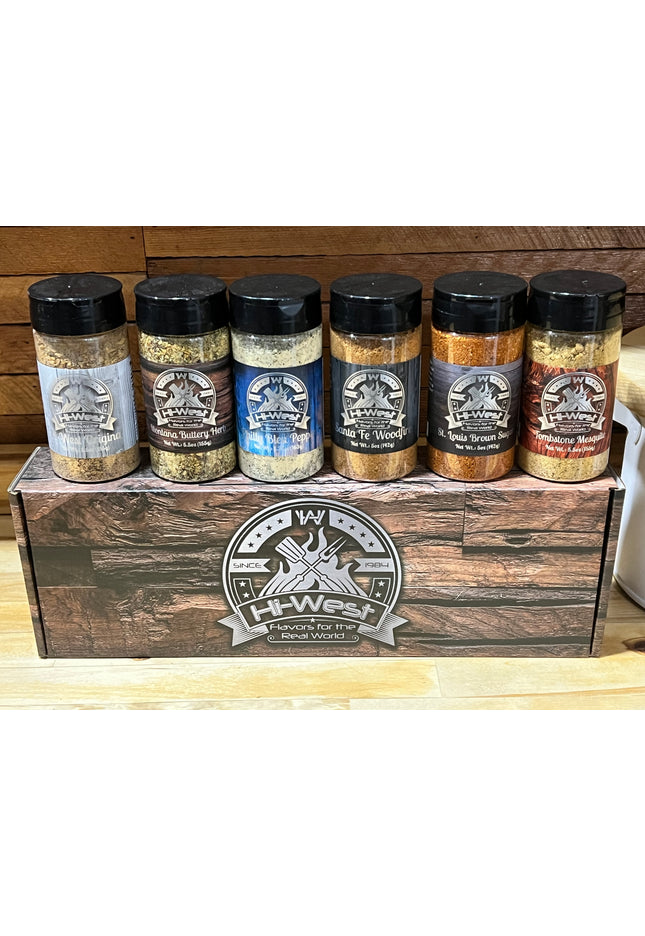 Hi-West Gift Box featuring six unique BBQ flavors for grilling and slow-cooking.