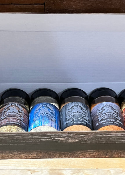 Hi-West Gift Box with 6 unique BBQ seasoning flavors in a wooden display.