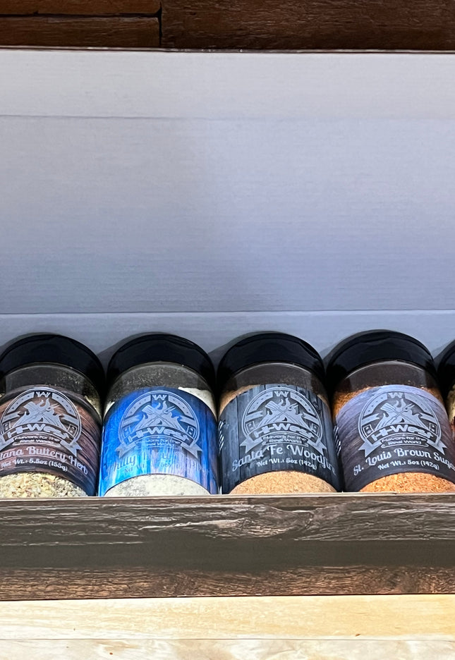 Hi-West Gift Box with 6 unique BBQ seasoning flavors in a wooden display.