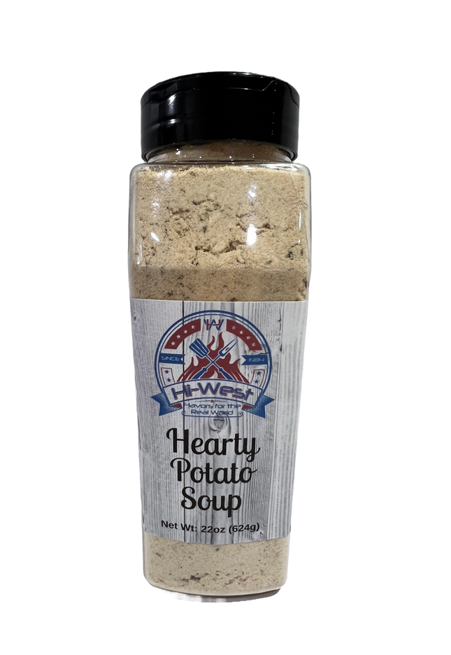 Hi-West Hearty Potato Soup 22oz bottle, creamy potato blend with celery and carrots, perfect for comfort food.