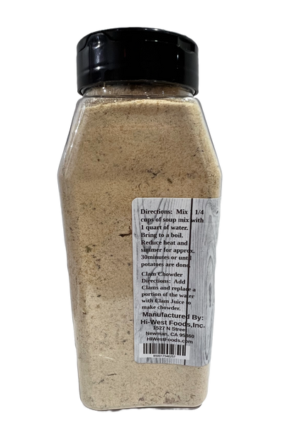 Hi-West Hearty Potato Soup mix in a clear container, perfect for creamy potato soup preparation.